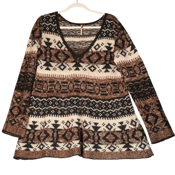 Free People Tunic Sweater Women Medium Brown Aztec Tribal Wool Alpaca Blend Boho - Picture 1 of 11